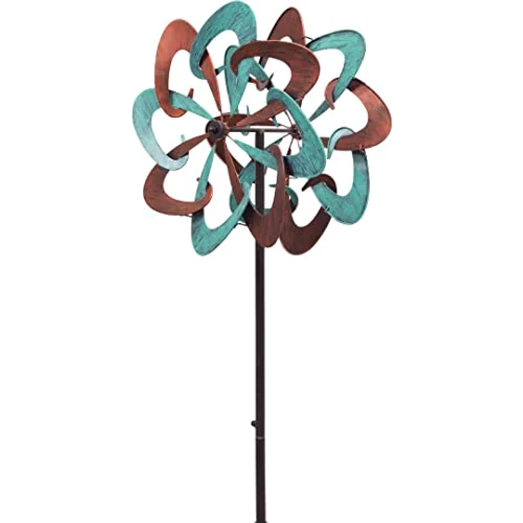 Kinetic Art Windspiel Metall Windrad Copper Swirl Duett, kugelgelagert mit LED, wetterfest und standfest inkl. Bodenanker für Terrasse und Garten – Bild 1