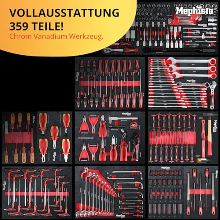 Mephisto-Tools Werkstattwagen, Pro-Line 12 abschließbare Schubladen, CRV Werkzeug, schwarz/rot – Bild 8