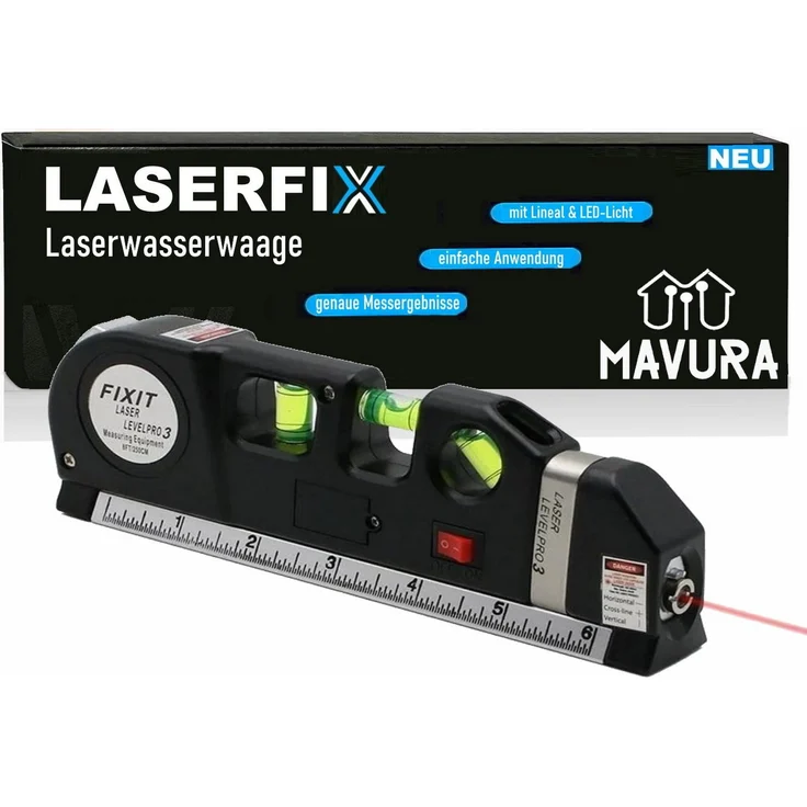 MAVURA LASERFIX Laserwasserwaage 4-in-1 Lasermessgerät, Kreuzlinienlaser Entfernungsmesser Maßband - Multifunktionales Werkzeug aus hochwertigem ABS-Kunststoff, rot - Preisvergleich – Bild 1