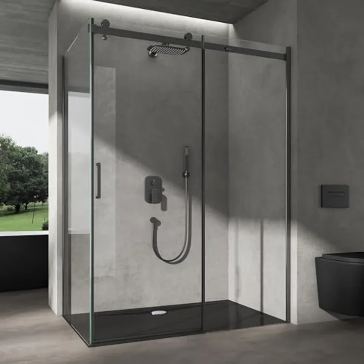 doporro Duschkabine mit Schiebetür, Eckdusche 80x140x195cm, Klarglas mit Nano-Beschichtung, schwarze Aluminiumprofile