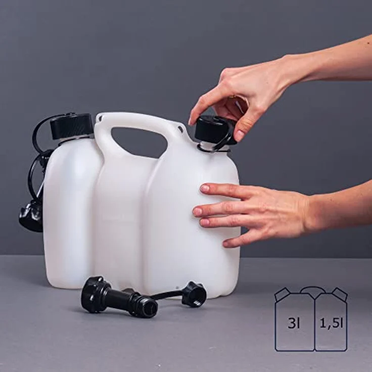 hünersdorff Doppelkanister/Kombikanister für Kraftstoff und Öl mit 2 Ablaufschläuchen, 3+1,5 Liter, UN-Zulassung, Made in Germany – Bild 5