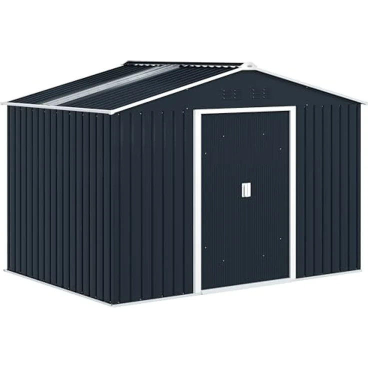 Outsunny Verzinkter Stahl Gerätehaus 4,9m² 277x195x192cm Geräteschuppen mit Satteldach, Fundament, Schiebetür, wetterfest Dunkelgrau – Bild 1