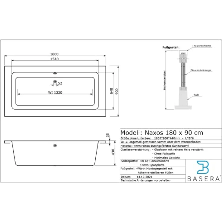 Basera® Indoor Whirlpool Badewanne Naxos Basic, rechteckig 180 x 90 cm, Hochglanz weiß, mit 16 Massagedüsen und LED-Farblichtambiente – Bild 6