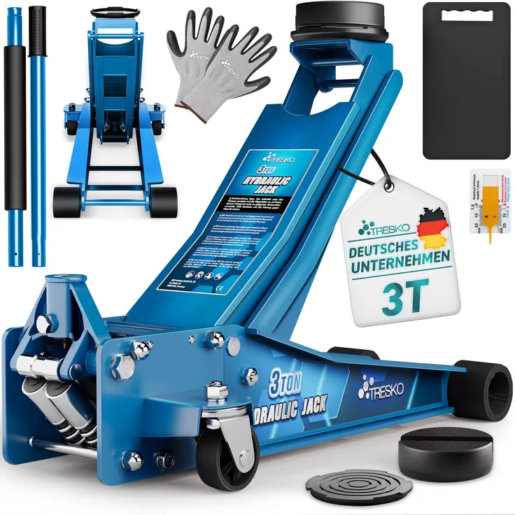 TRESKO® Wagenheber hydraulisch 3T, flach mit Hubhöhe 75-510mm, Doppelkolben, 360° Rollen, inkl. 2x Gummiauflage, Schutzmatte, Handschuhe, Profilmesser