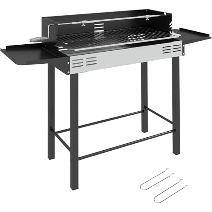 Outsunny Holzkohlegrill Campinggrill mit Grillrost und Rotisserie-Kit klappbar faltbar Camping Garten BBQ Rostfreier Stahl+Metall Schwarz 118 x 32 x 90 cm