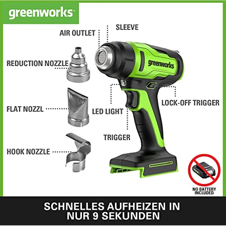 Greenworks G24HG Akku Heißluftpistole, schnelles Aufheizen in 9 Sekunden, 200L/Min 2 Stufen, 3 Düsen, ohne 24V Akku & Ladegerät, 3 Jahre Garantie – Bild 2