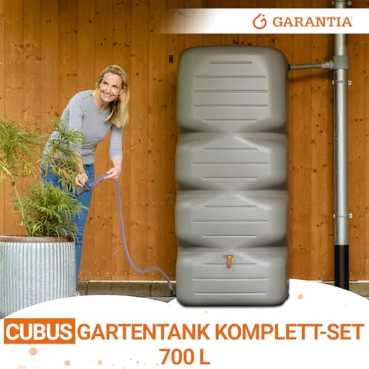 GARANTIA Regentonne CUBUS Komplett-Set 700 L, betongrau, inkl. Auslaufhahn und Fallrohrfilter, kompakte Bauform – Bild 2