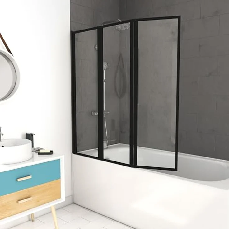 Marwell Badewannenfaltwand, Einscheibensicherheitsglas, beidseitig montierbar, 125 cm breit, schwarz, matt, transparent – Bild 2