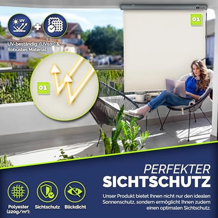 tillvex Senkrechtmarkise 180 x 250 cm für Außen- und Innenbereich | Wasserfest, Handkurbel, Aluminium | Sonnenschutz, Sichtschutz | Silber – Bild 5