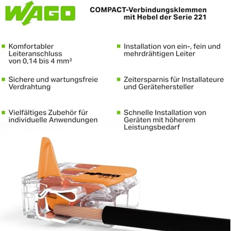 Wago Compact Hebelklemme 221-412, 2 Leiter (0,14 mm² - 4 mm²), 100 Stk., platzsparend und werkzeuglos lösbar – Bild 5