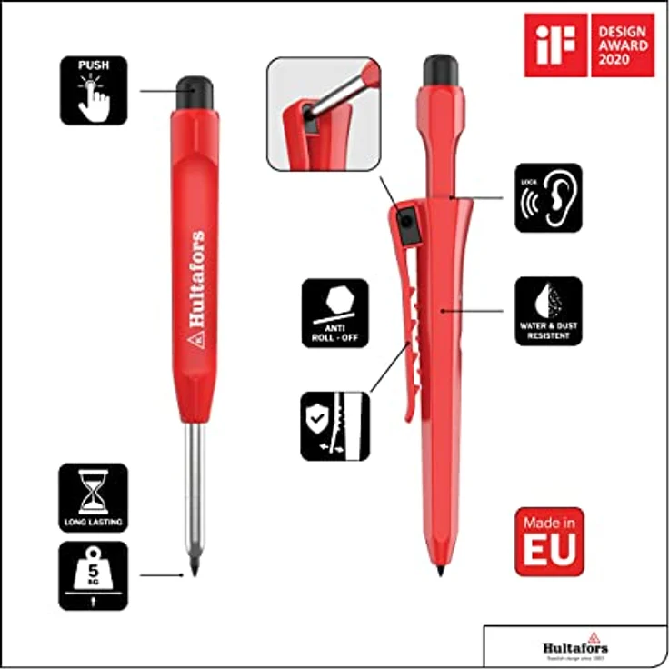 Profi Tieflochmarker inkl. Langlebiger Graphit-Mine & Spitzer I Hultafors I 1 Stück I Trockenmarker mit rutschfestem Clip I Zimmermannsbleistift für Oberflächen Holz, Beton, Kunstoff & Metall I 650100 – Bild 3