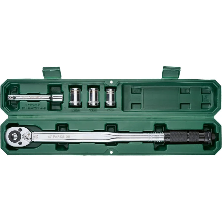Parkside Drehmomentschlüssel 1/2 Zoll Steckschlüssel Set, 5-teilig mit 40-210 Nm Messbereich und Anschlussteilen 17 mm, 19 mm, 21 mm