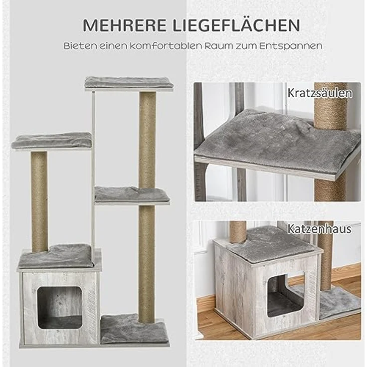 PawHut Kratzbaum aus Holz Katzenbaum Groß, Katzenkratzbaum mit Katzenhaus, Katzenmöbel mit Mehrstöckigem Katzen Aktivitätszentrum Jute Plüsch Grau 67 x 38,5 x 114 cm – Bild 5