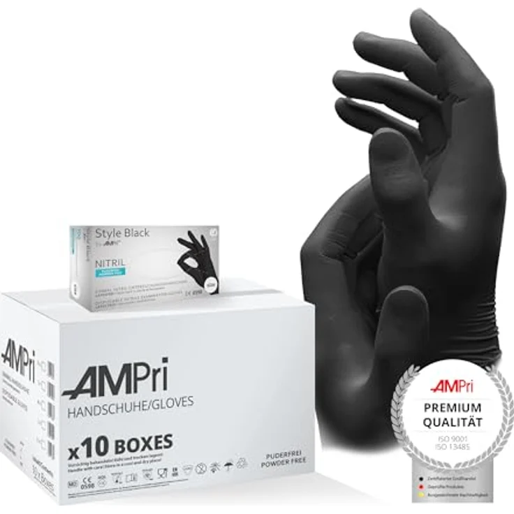 AMPri Nitrilhandschuhe, schwarz, 10 Box a 100 Stk, Größe L, puderfrei, Style Black by Med-Comfort: Nitril Einmalhandschuhe, Einweghandschuhe in den Größen XS, S, M, L, XL, XXL – Bild 1