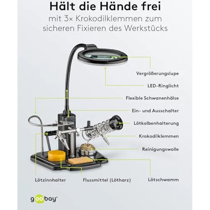 Löthilfe mit Echtglas Lupe, LED Beleuchtung, flexiblem Schwanenhals und Lötkolbenhalterung – Bild 7