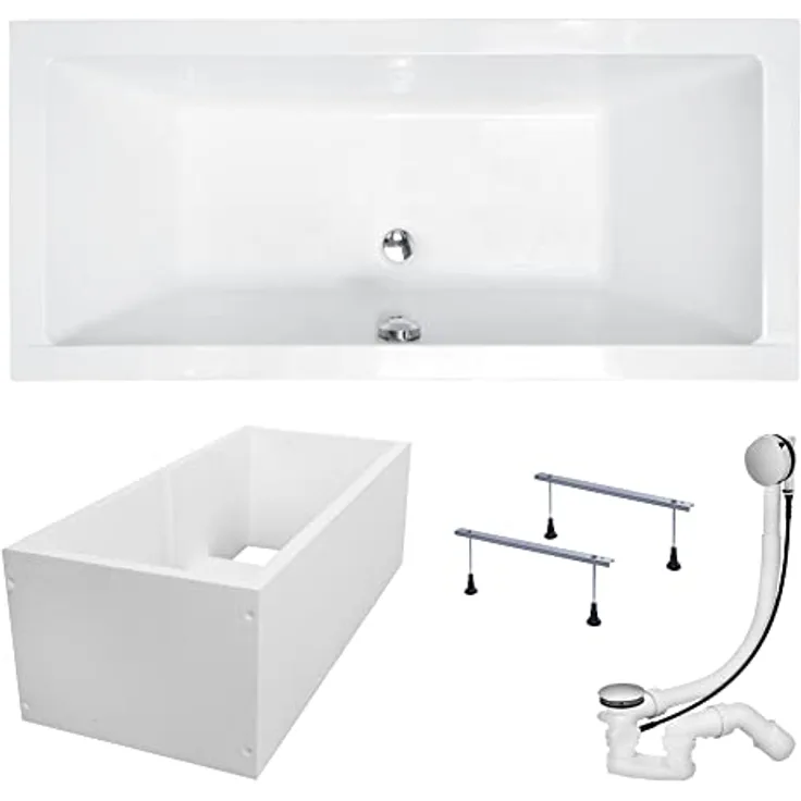KOLMAN Badewanne QUADRO Rechteck 180x80 mit Wannenträger, Ablaufgarnitur und Füßen Komplettset 4in1 Premium Original Acryl Wanne Siphon, Reinweiß