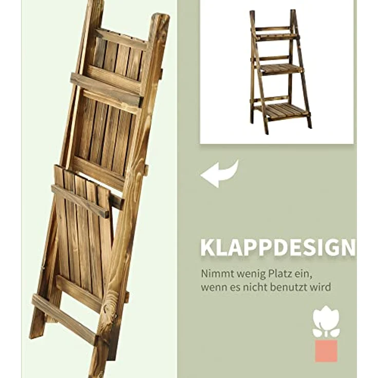 Outsunny 3-Etagen Pflanzenständer, klappbarer Blumenständer aus verrotungsbeständigem Tannenholz, 93 cm hoch, dunkelbraun, für Innen und Außen – Bild 5