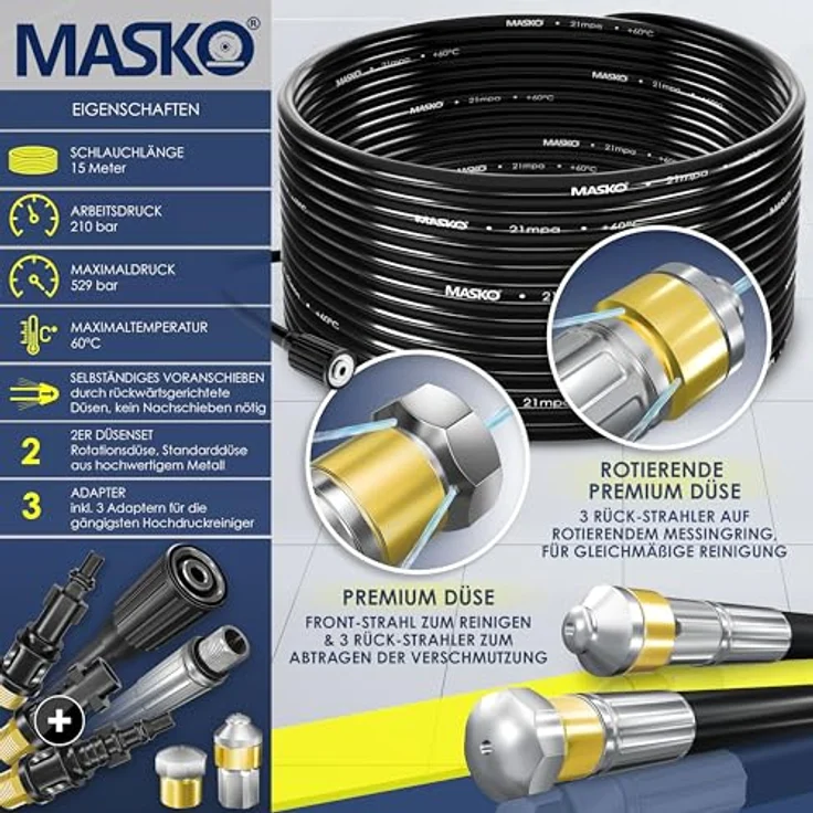 MASKO Premium Rohrreinigungsschlauch Set Abflussreiniger 200 bar inkl. Tasche 3 Adapter 2 Düsen + rotierend kompatibel mit Kärcher k2-k7 LAVOR Hochdruckreiniger universal Rohrreinigungsset 15m, Schwarz - Premium – Bild 2