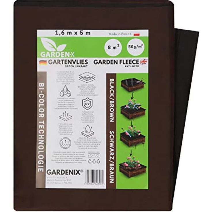 GARDENIX® 8 m² Zweifarbiges Braun/Schwarz Anti Unkrautvlies 50g/m² ‒ Gartenvlies Hohe UV-Stabilisierung reißfest und wasserdurchlässig (1,6m x 5m)