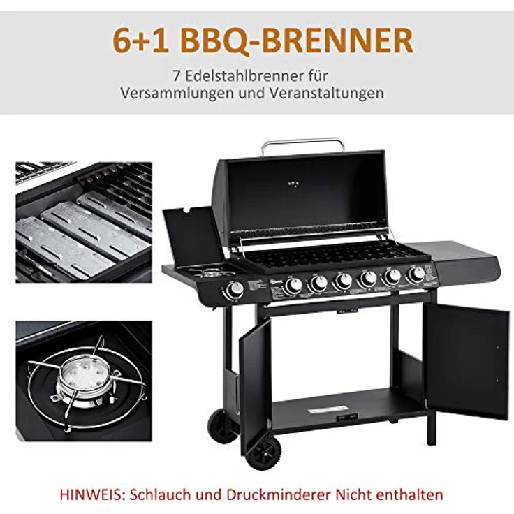Outsunny Gasgrill BBQ Grillwagen mit 6 Brennern 1 Seitenbrenner Schrank Multifunktion Metall Schwarz 135 x 50 x 100 cm – Bild 5