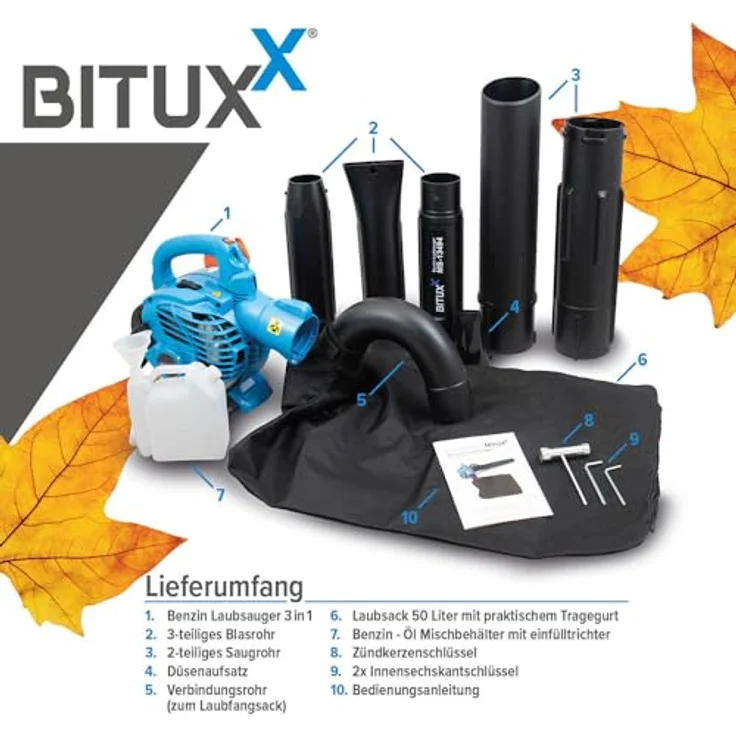Bituxx MS-13494, 3in1 Benzin Laubsauger/Laubbläser/Laubhäcksler, leistungsstarker 25,4 ccm Motor, 50 L Laubsackvolumen, Blau – Bild 3