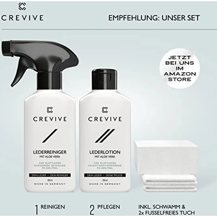 CREVIVE Lederpflege mit Aloe Vera schonende Lederlotion Made in Germany - Lederpflege Sofa - Lederpflege für Ledercouch - Lederpflege Auto - Ledersofa, Jacke, Schuhe, Tasche - 250 ml – Bild 5