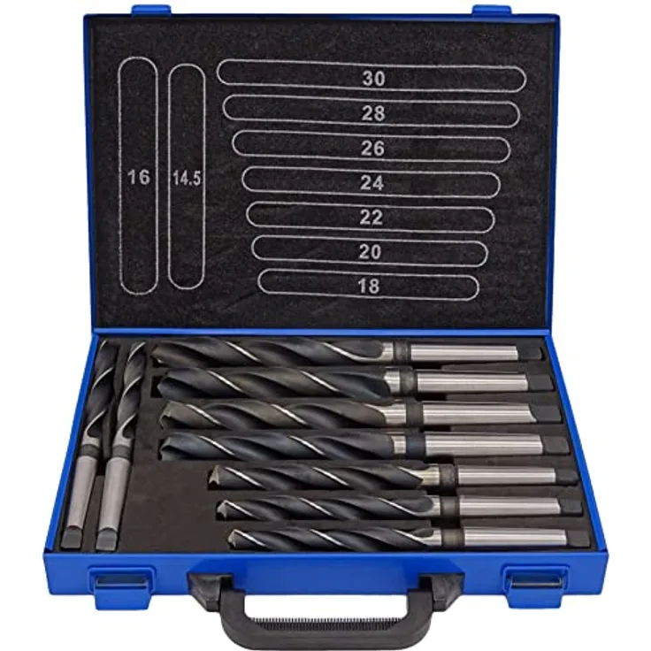 PeTools Spiralbohrer Set 9 tlg. HSS Konus-Bohrer, Stahlbohrer 14,5-30mm, Morsekegel MK MK2, MK3 DIN345 in Dampfangelassener Oberflächenbehandlung