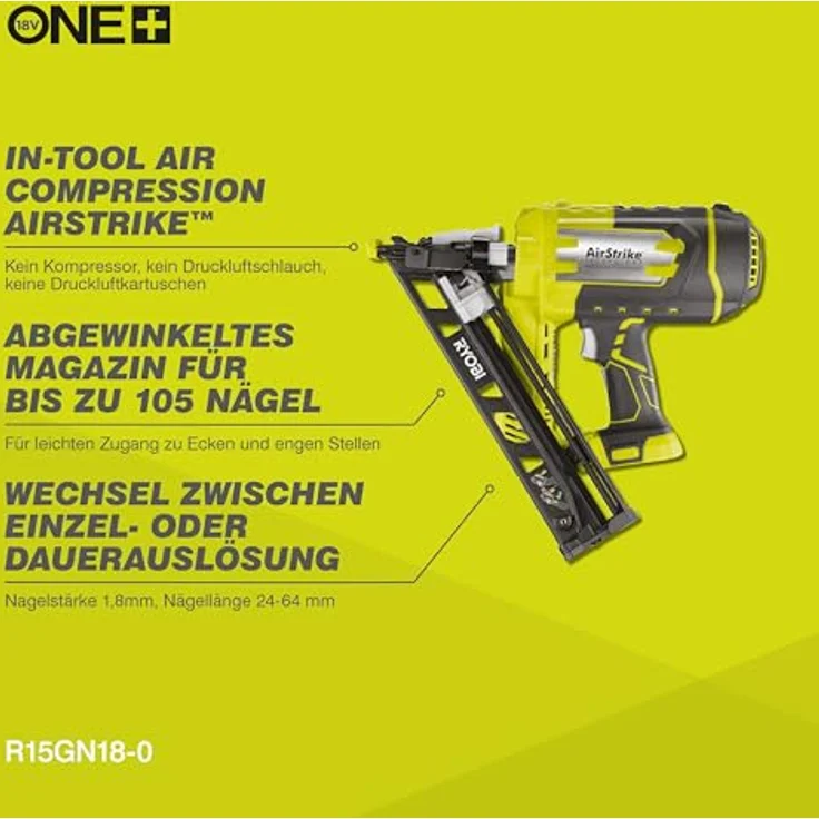 Ryobi ONE+ Akku-Nagler R15GN18-0, 18Volt, grün/schwarz, ohne Akku und Ladegerät – Bild 2