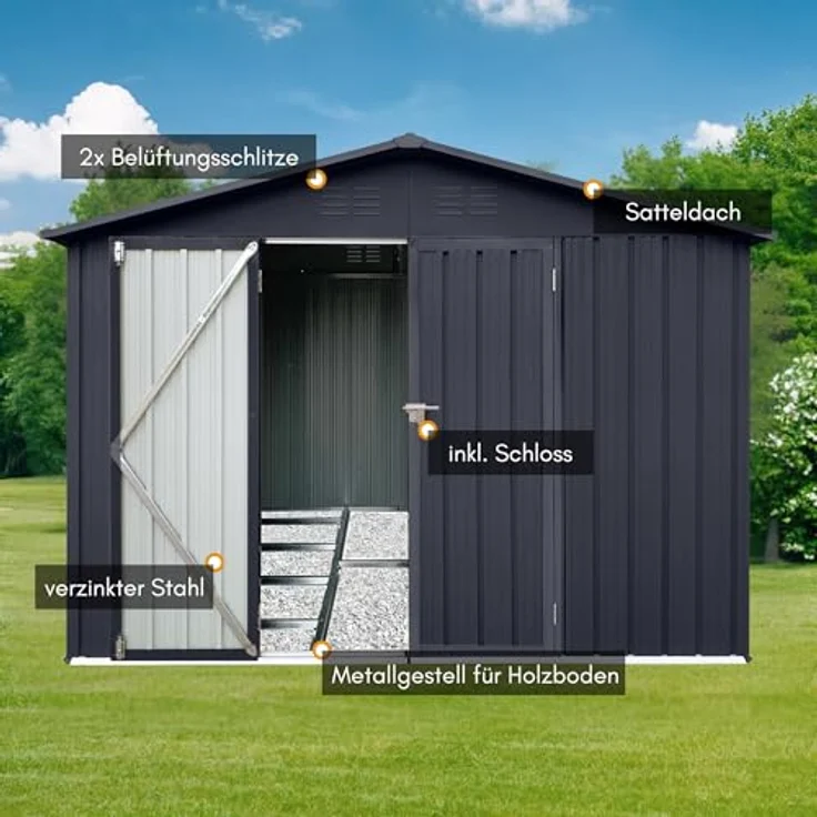 Albatros Profi Gerätehaus XL, verzinktes Metall in Anthrazit (RAL 7016), 259x189x192cm, 9,4m³, wetterfest, inkl. Schloss & Werkzeughaken – Bild 5