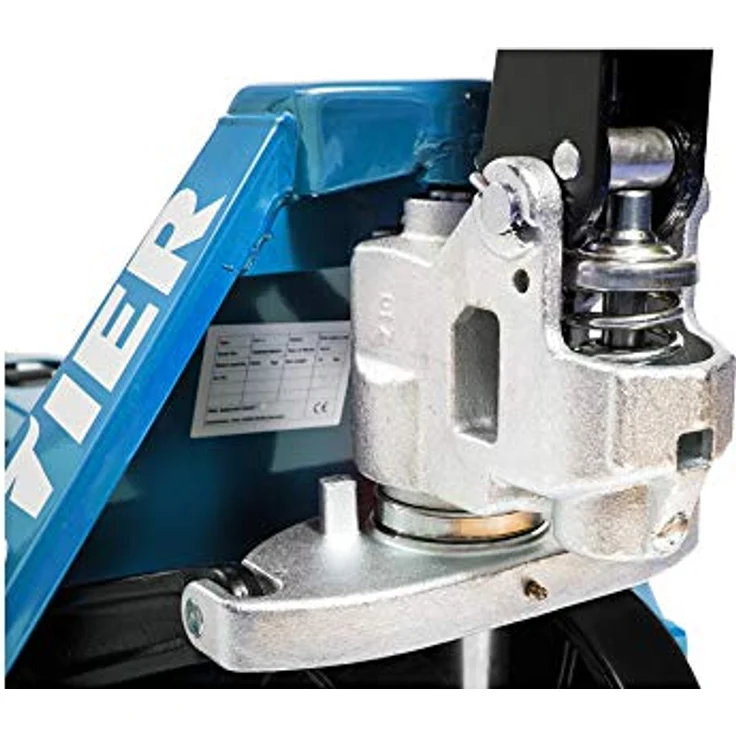 STIER Gabelhubwagen, Palettenhubwagen mit Tragkraft 2500 kg, Gabellänge 1150 mm, blau, Nylon-Rollen, wartungsfrei, Lenkeinschlag 210° – Bild 2