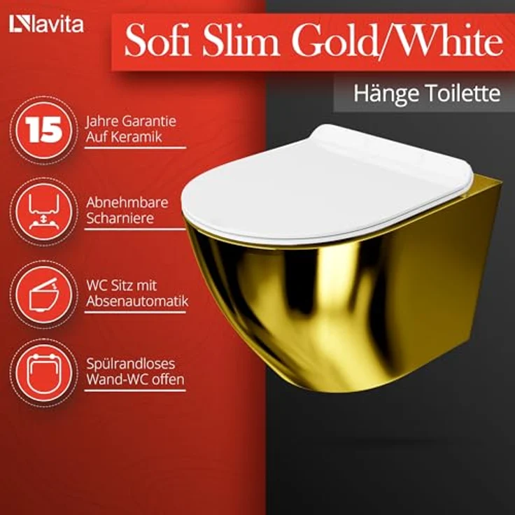 LAVITA Wand-WC Sofi Slim Gold/White | Hänge Toilette | WC Sitz | Toilettendeckel mit Absenkautomatik & Metallscharniere | Toiletten Spülrandlos Hängend | Toilettenbecken | 365x490x395 mm | Weiß/Gold – Bild 2