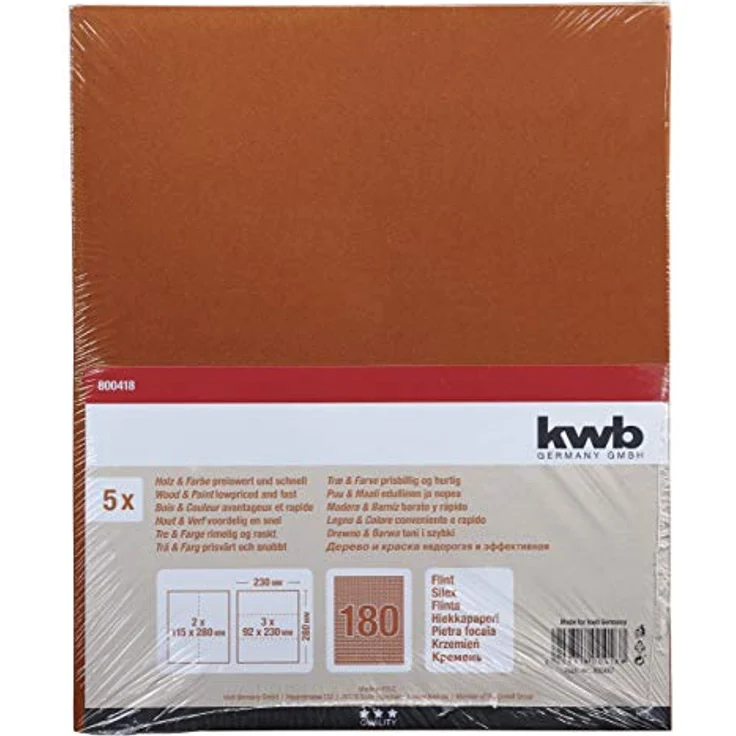 kwb 800418 Schleif-Papier Schleif-Bogen Flint für Holz, Farbe und Spachtel, 230 x 280 mm, verschweißt 5 Stk. Korn K-180 – Bild 2