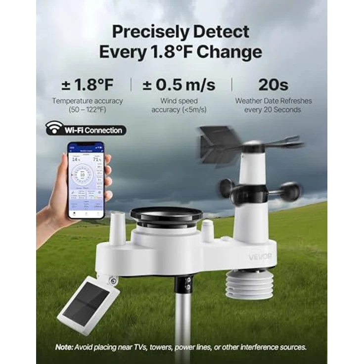 VEVOR 7-in-1 WLAN-Wetterstation, 7-Zoll-TFT-Display, solarbetriebener Außensensor, Wettercenter mit Windgeschwindigkeit, Temperatur, Luftfeuchtigkeit und Niederschlag, IPX6 wasserdicht – Bild 5