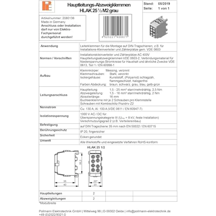 Pollmann Elektrotechnik Abzweigklemme HLAK25-1/2M2, flexibel, grau – Bild 6