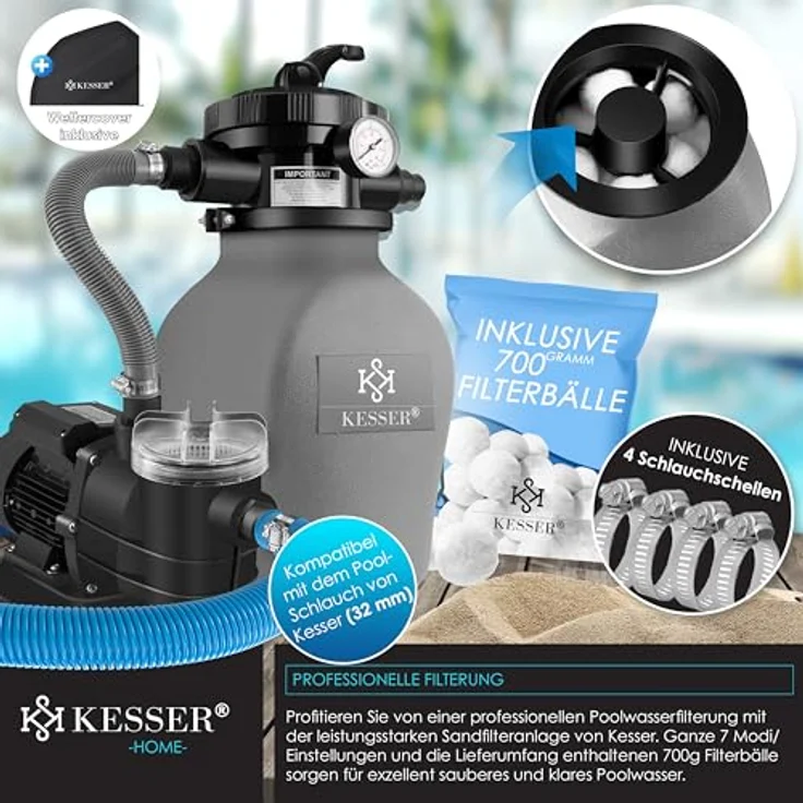 KESSER Sandfilteranlage Sandfilter + 700g Filterbälle ersetzen 25kg Filtersand 7-Wege Ventil mit Druckanzeige Poolfilter 10 m³-h Filteranlage Filterkessel für Pool Schwimmbecken 10.200 L-h Grau – Bild 7