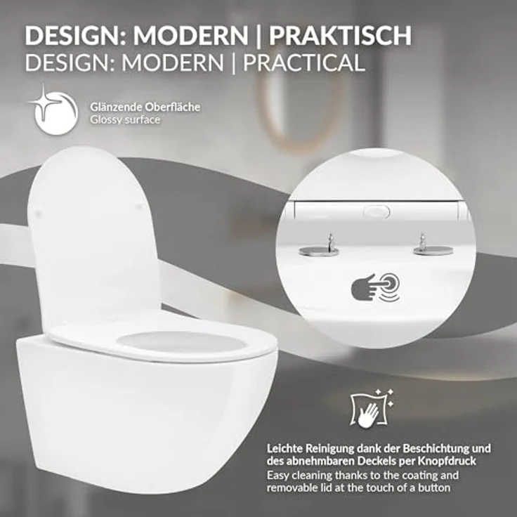 LuxeBath Wand WC Spülrandlos, Weiß, Tiefspüler Keramik Hänge WC lang 53,5 cm mit Softclose-Klodeckel, Tornadospülung – Bild 3