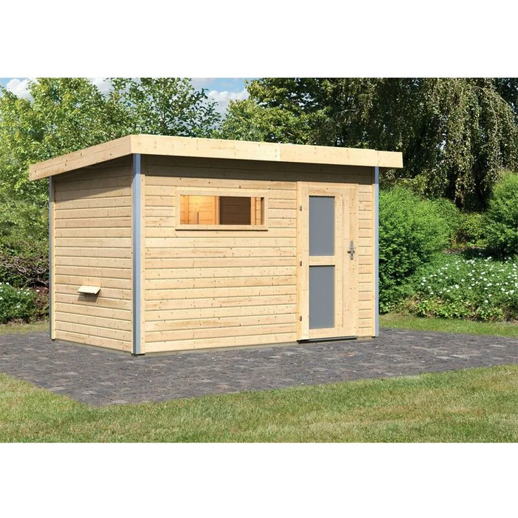 Karibu Saunahaus Skrollan 1 mit Milchglastür naturbelassen – Bild 1