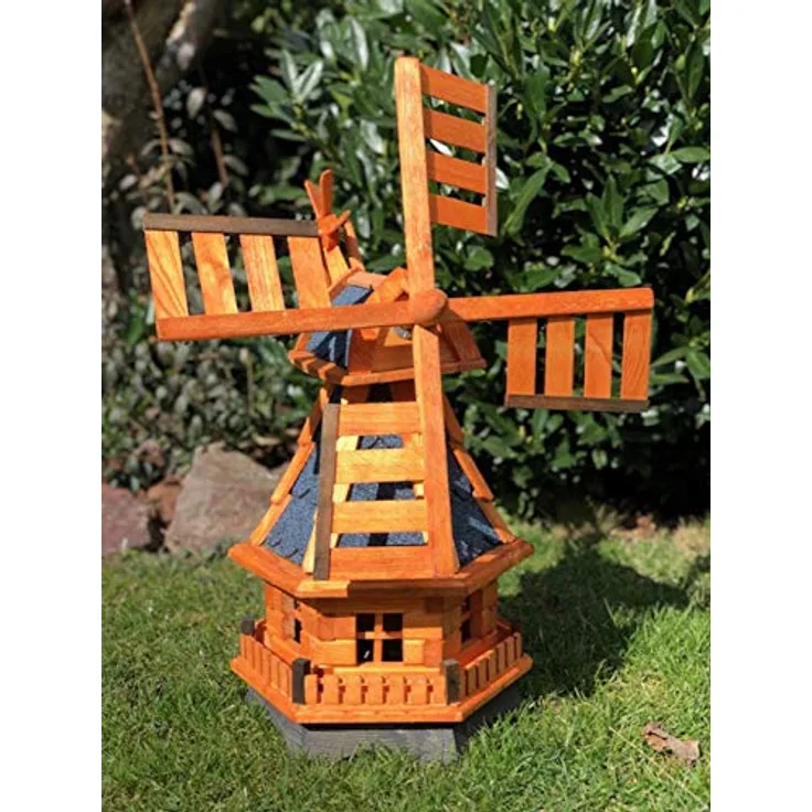 Darlux Sechseck Garten-Windmühle aus Holz kugelgelagert Braun-Blau Höhe 70 cm