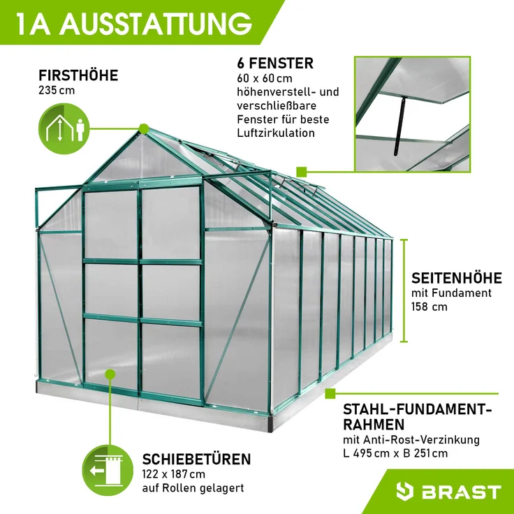 BRAST Gewächshaus Aluminium 490x250x235cm Grün mit Fundament rostfrei TÜV geprüft Alu Treibhaus Glashaus Tomatenhaus – Bild 4