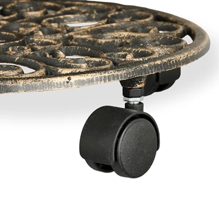 relaxdays Pflanzenroller 2er Set Gusseise, Bronze, Antikes Design mit Ornamenten, 4 Rollen, max. 25 kg Traglast – Bild 6