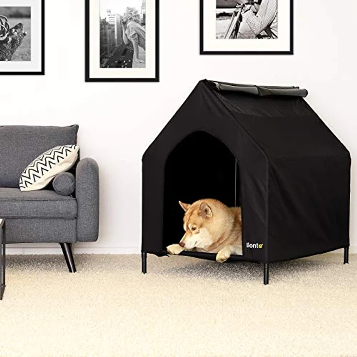 lionto Outdoor Hundeliege überdacht, 110x75x105 cm, wasserabweisendes Oxford-Material & atmungsaktives Netzgewebe, erhöhtes Hundebett für Hunde bis 60 kg, schwarz – Bild 3