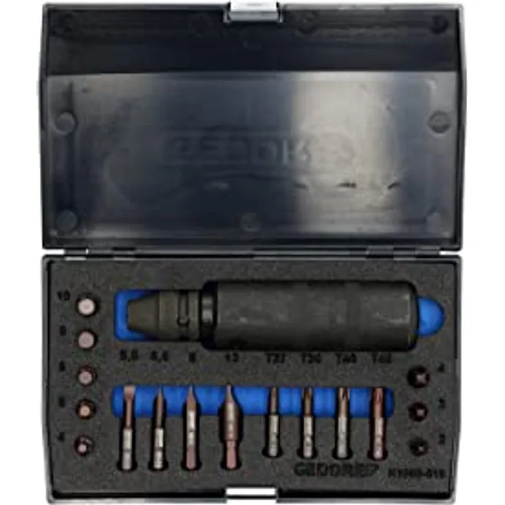 Gedore Schraubenausdreher-Set 6654600, Hammerbetätigung, Schlitz-, Kreuzschlitz-, Innensechskantschrauben, Kunststoffkasten, 200 x 120 x 38 mm