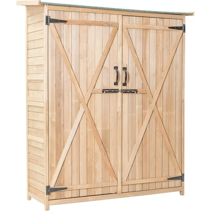 COSTWAY Gartenschrank Holz, Gerätehaus mit Satteldach, 140x50x162cm, Tannenholz in Natur mit abschließbaren Türen