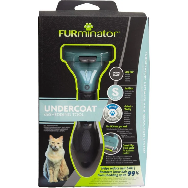 FURminator Fellbürste für langhaarige kleine Katzen, deShedding Pflege Werkzeug, mit 4,5 cm Kantenlänge und FURejector-Druckknopf, silber – Bild 1