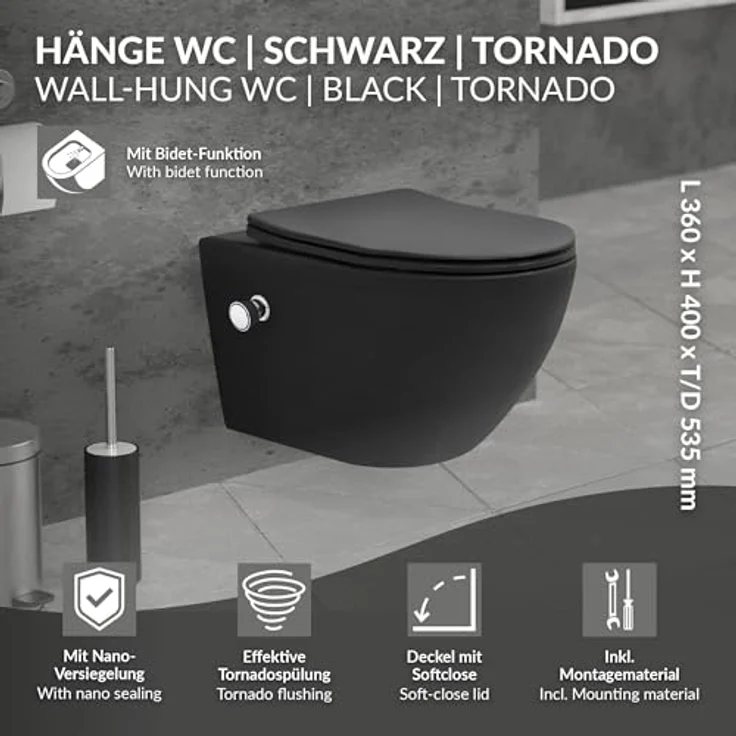 LuxeBath Wand WC Spülrandlos mit Bidet-Funktion, Schwarz matt, 53,5 cm lang, Tiefspüler Keramik Hänge WC, Dusch WC Nano Beschichtung, Tornadospülung, Hängend mit WC-Sitz Absenkautomatik – Bild 2