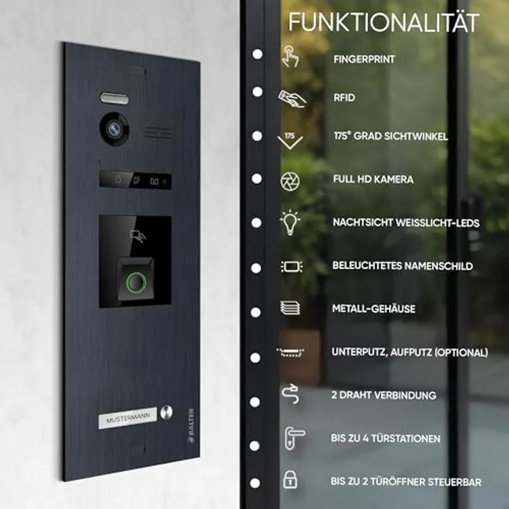 Balter EVO-HD Video Türsprechanlage, 7 Zoll Monitor, Full HD Kamera, Fingerprint, RFID, 175° Weitwinkel, Smartphone App, Komplettset für 1 Familienhaus – Bild 2