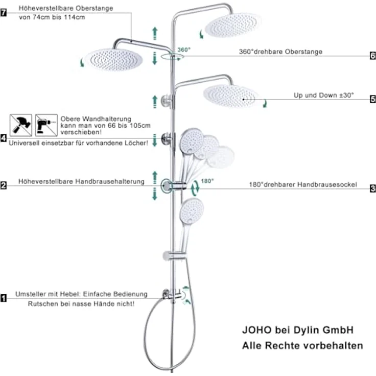 JOHO Edelstahl Duschset ohne Armatur, Chrom, Regendusche mit 3 Strahlarten, höhenverstellbare Duschsäule, anti-Kalk Düsen, 20 cm Kopfbrause – Bild 5