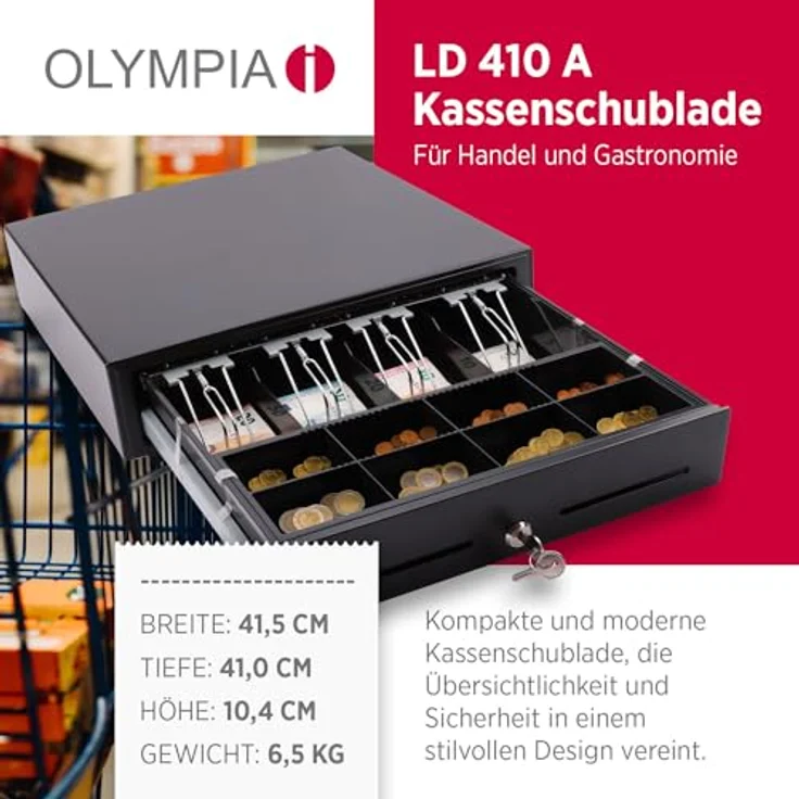 Olympia LD 410A Kassenschublade | Abschließbare Geldkassette mit Einwurfschlitz | 8 Münz- & 4 Scheinfächer + RJ12-kompatibel | Metallgeldbox für Handel & Gastronomie, Schwarz – Bild 2