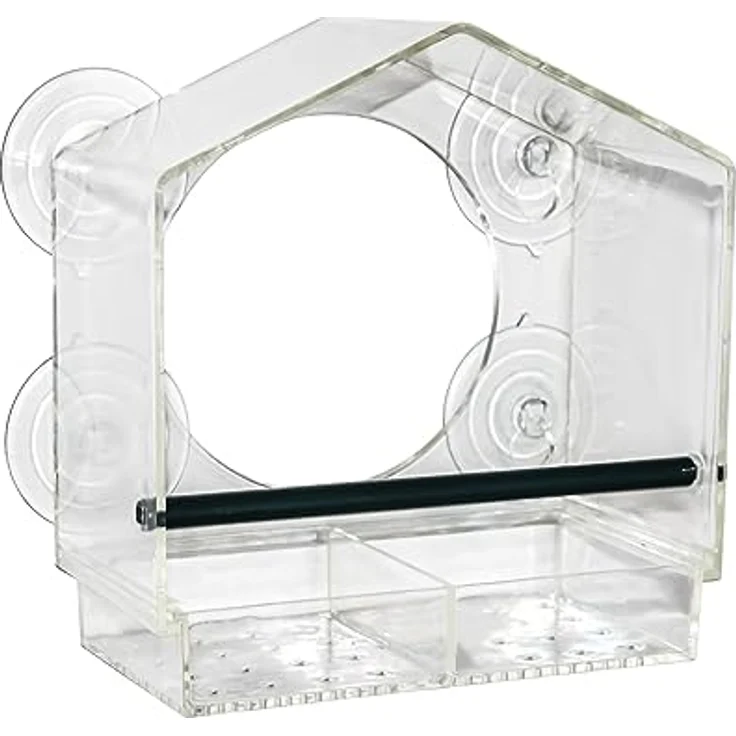 Fenster Futterhäuschen für Vögel - 20 x 18 cm - Transparentes Vogelhäuschen mit Saugnäpfen und Sitzstange - Vogel Futterstation Futterhaus Futterstelle Futterspender zum Befestigen an Glasscheiben – Bild 2
