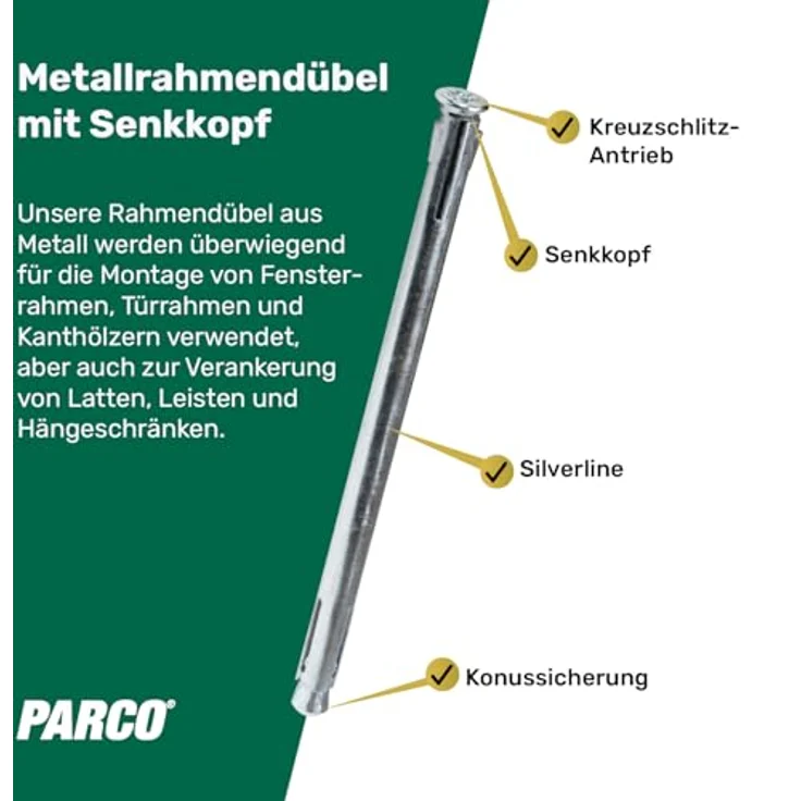 PARCO Metallrahmendübel Senkkopf, 10x152 mm, verzinkter Stahl, 50 Stück, für Metallkonstruktionen wie Regal- und Bauanwendungen – Bild 3